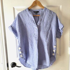 Nicole Mille Linen/Cotton Blue/White Pin Striped Blouse V-Neck